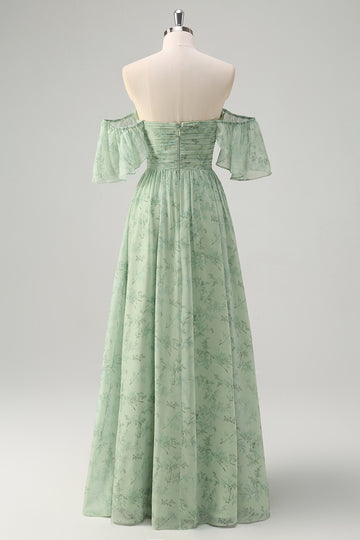 Dusty Sage Pleated A Line Off The Shoulder Prom Dress with Slit